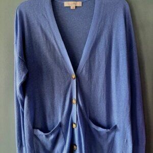 Loft Blue Long Sleeve Pockets Linen Big Button Front Cardigan L Ribbed Knit Chic